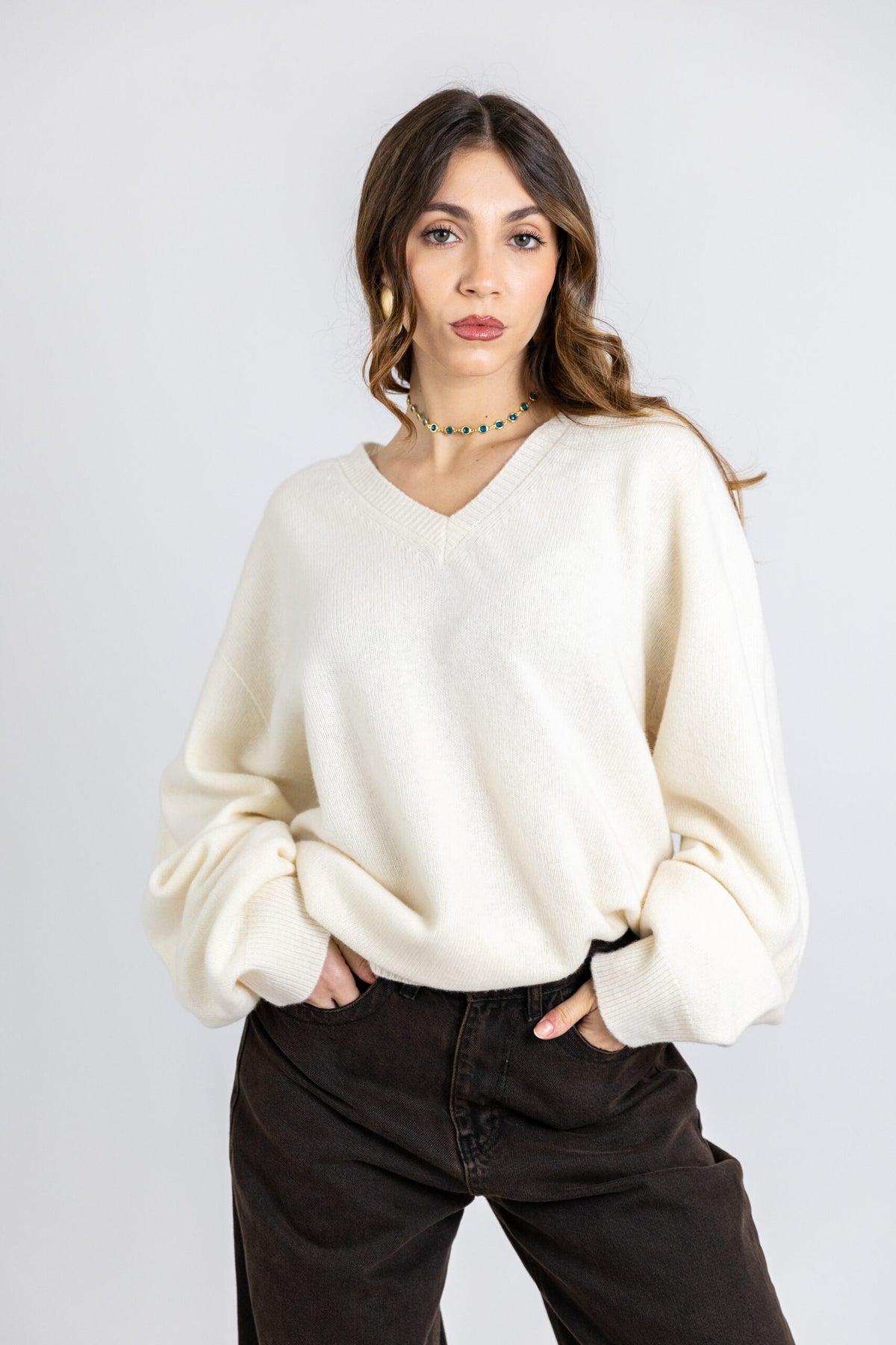 Maglione scollo a V in lana & cashmere