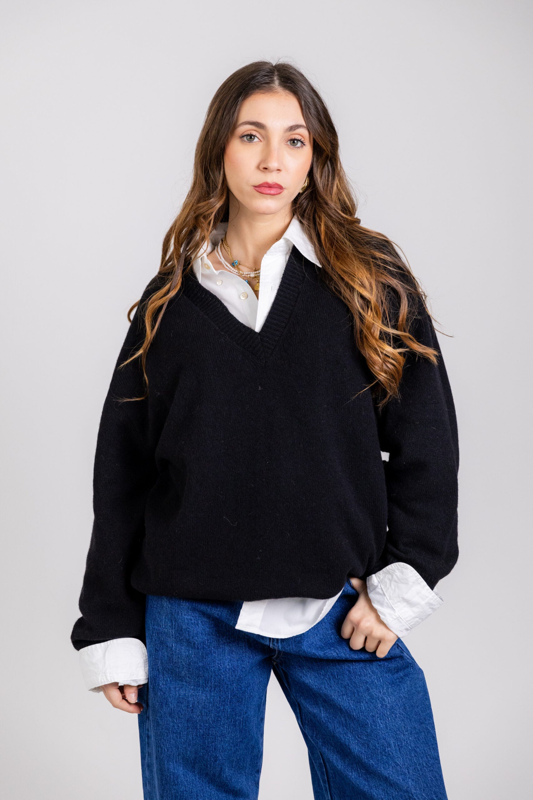 Maglione scollo a V in lana & cashmere