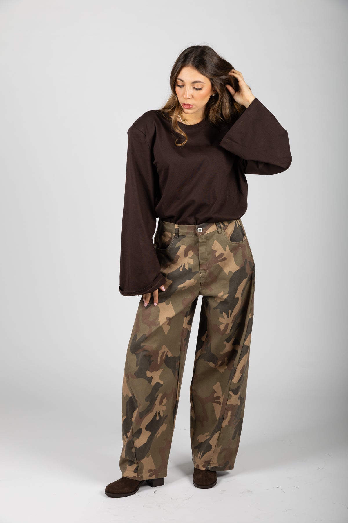 Pantalone wide leg camouflage