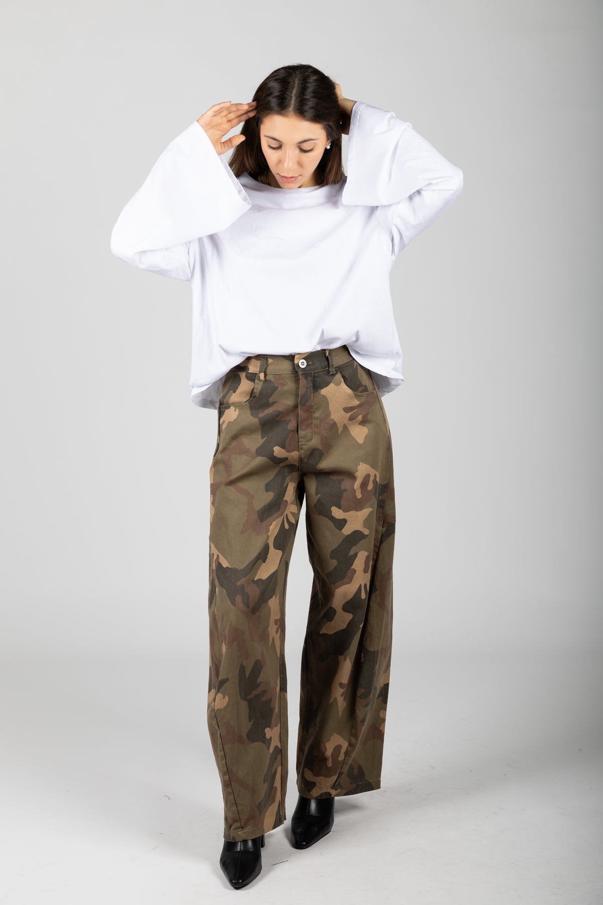 Pantalone wide leg camouflage
